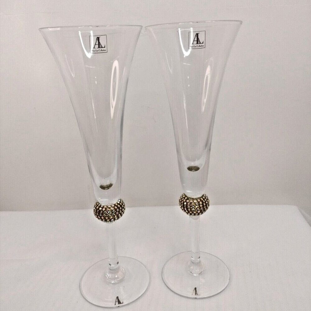 Rhinestone-Studded Champagne Flutes – Pair, 1O" Tall, Gold Accents, Elegant